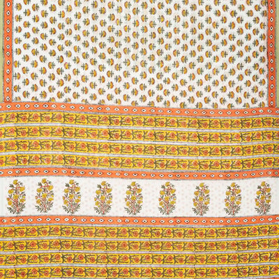 White Woven Jaipur Cotton Saree With Mustard Printed Lotus Motifs