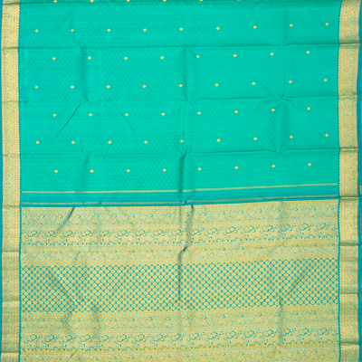 Turquoise Handloom Kanchipuram Silk Saree With Floral Motifs & Rudraksham Buttas