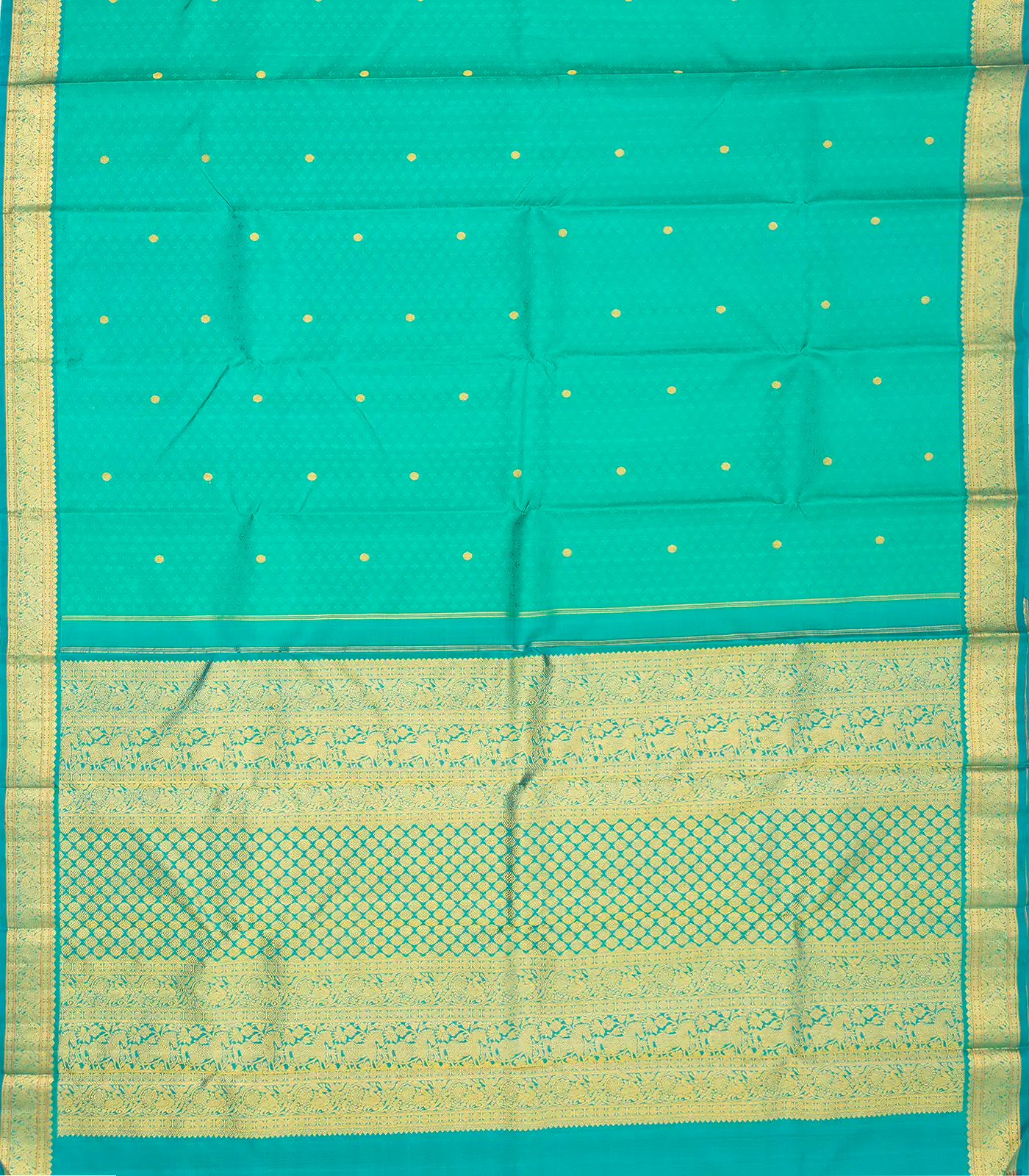 Turquoise Handloom Kanchipuram Silk Saree With Floral Motifs & Rudraksham Buttas