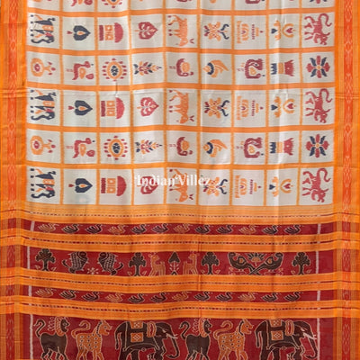 White Yellow Nabakothi Khandua Silk Saree with Animal Anchal