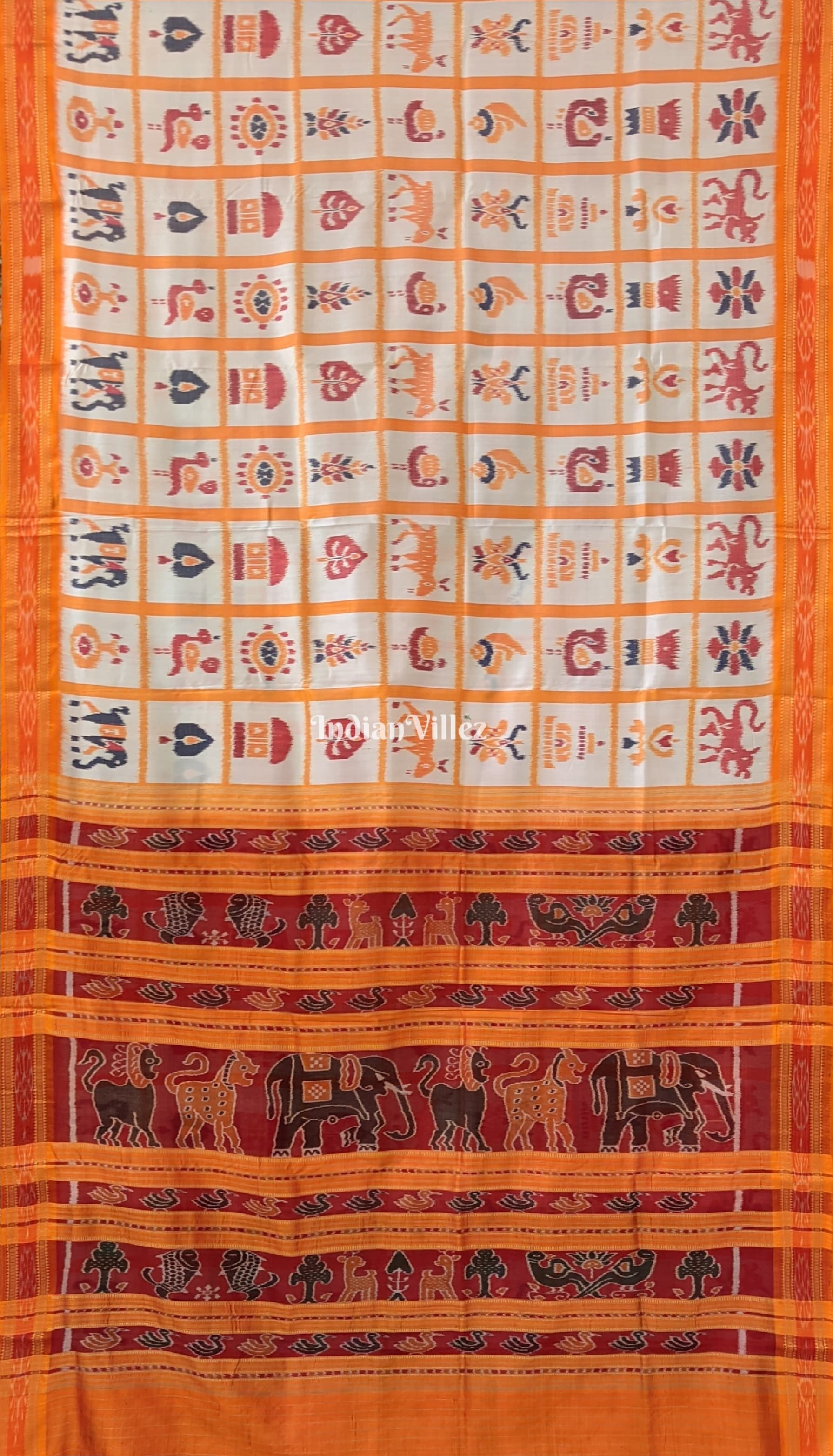 White Yellow Nabakothi Khandua Silk Saree with Animal Anchal