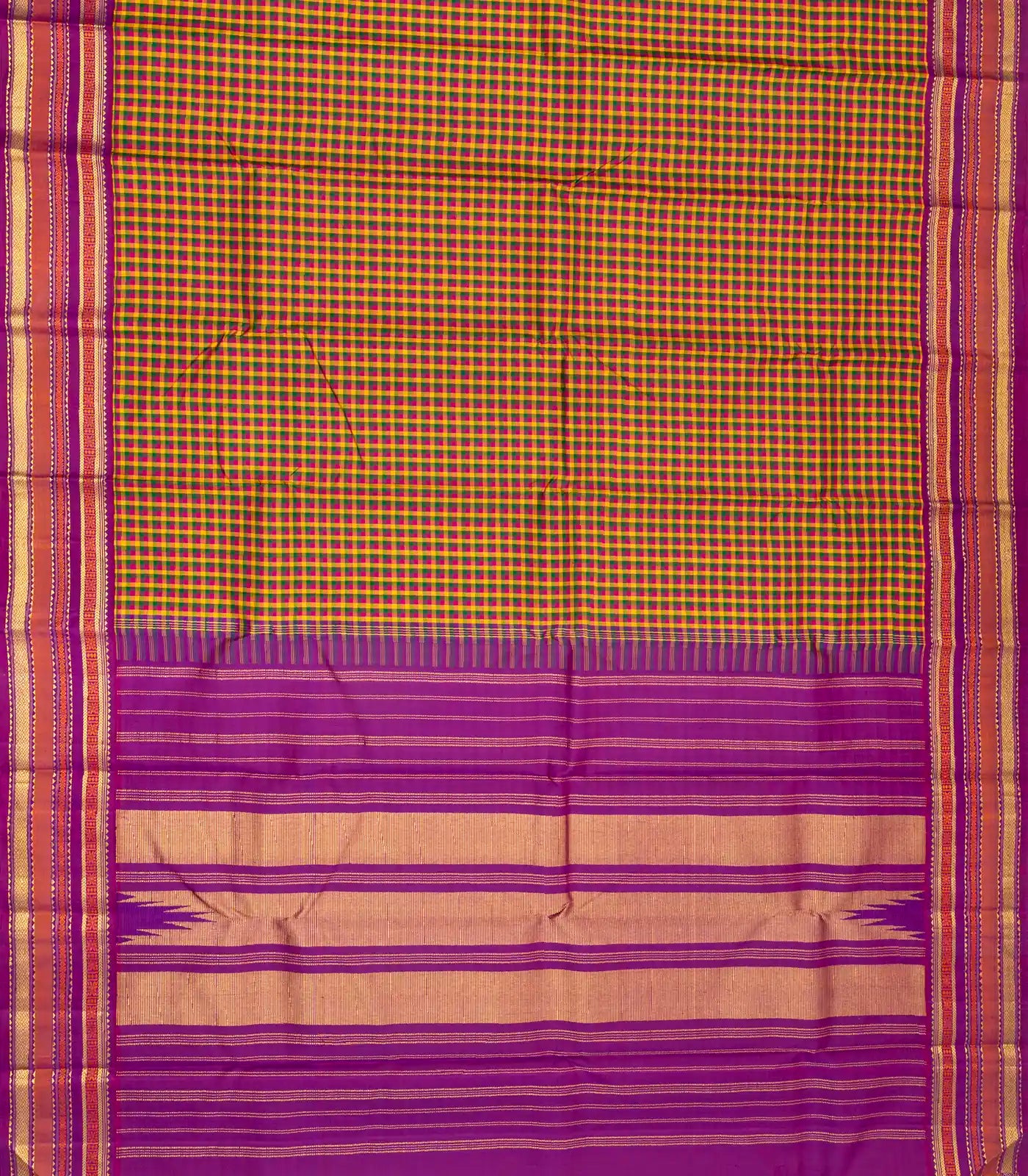 Multi Colour Handloom Korvai Kanchipuram Silk Saree With Checks