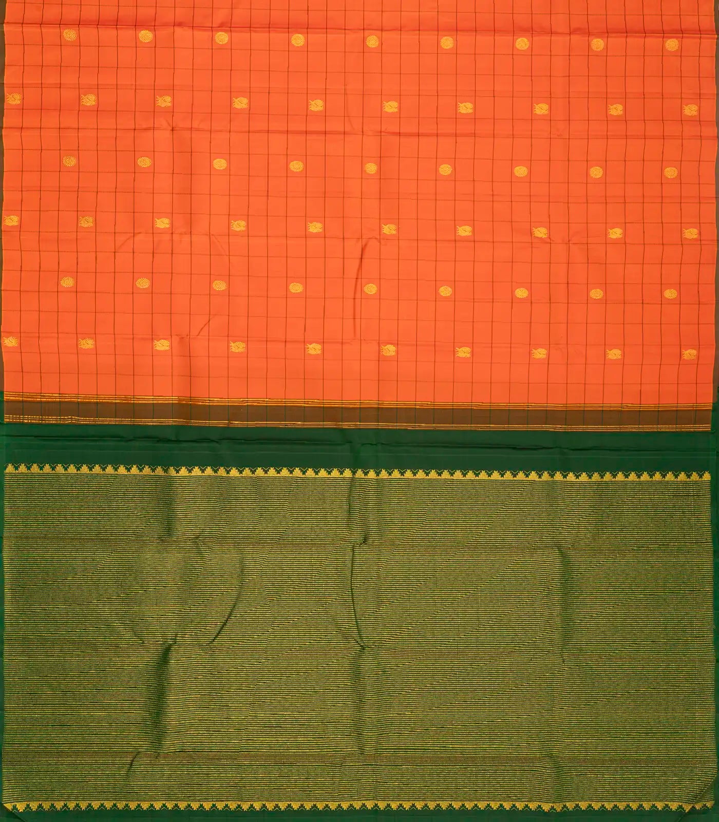 Peach Handloom Kanchipuram Silk Saree With Checks & Buttas