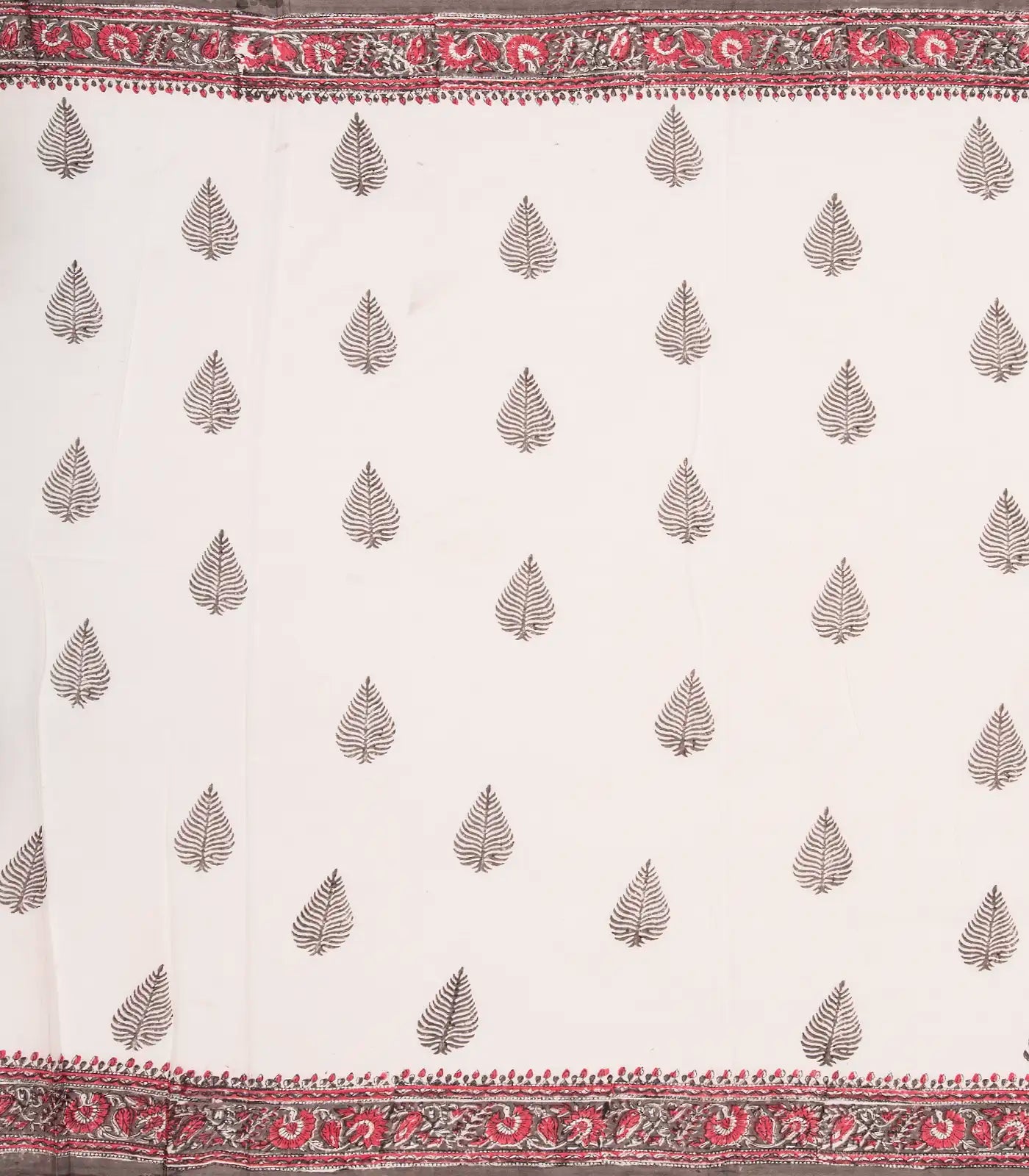 White Woven Jaipur Cotton Saree Printed With Brown Flower  Motifs