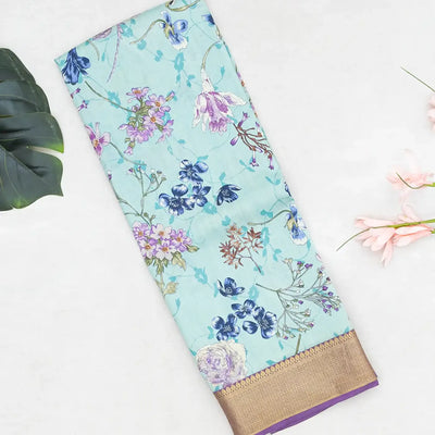 Turquoise Woven Chiniya Silk Saree Digital Printed With Floral Motifs