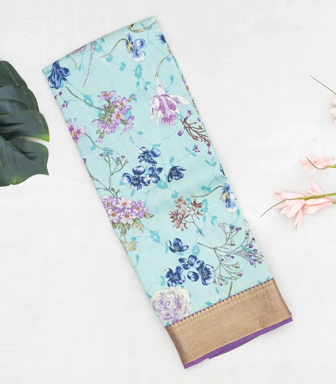 Turquoise Woven Chiniya Silk Saree Digital Printed With Floral Motifs