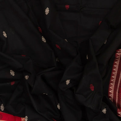 Black Handloom Orissa Cotton Saree With Contrast Pink Border