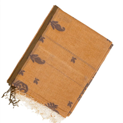 Sandal Woven Bengal Cotton Saree With Floral Motifs