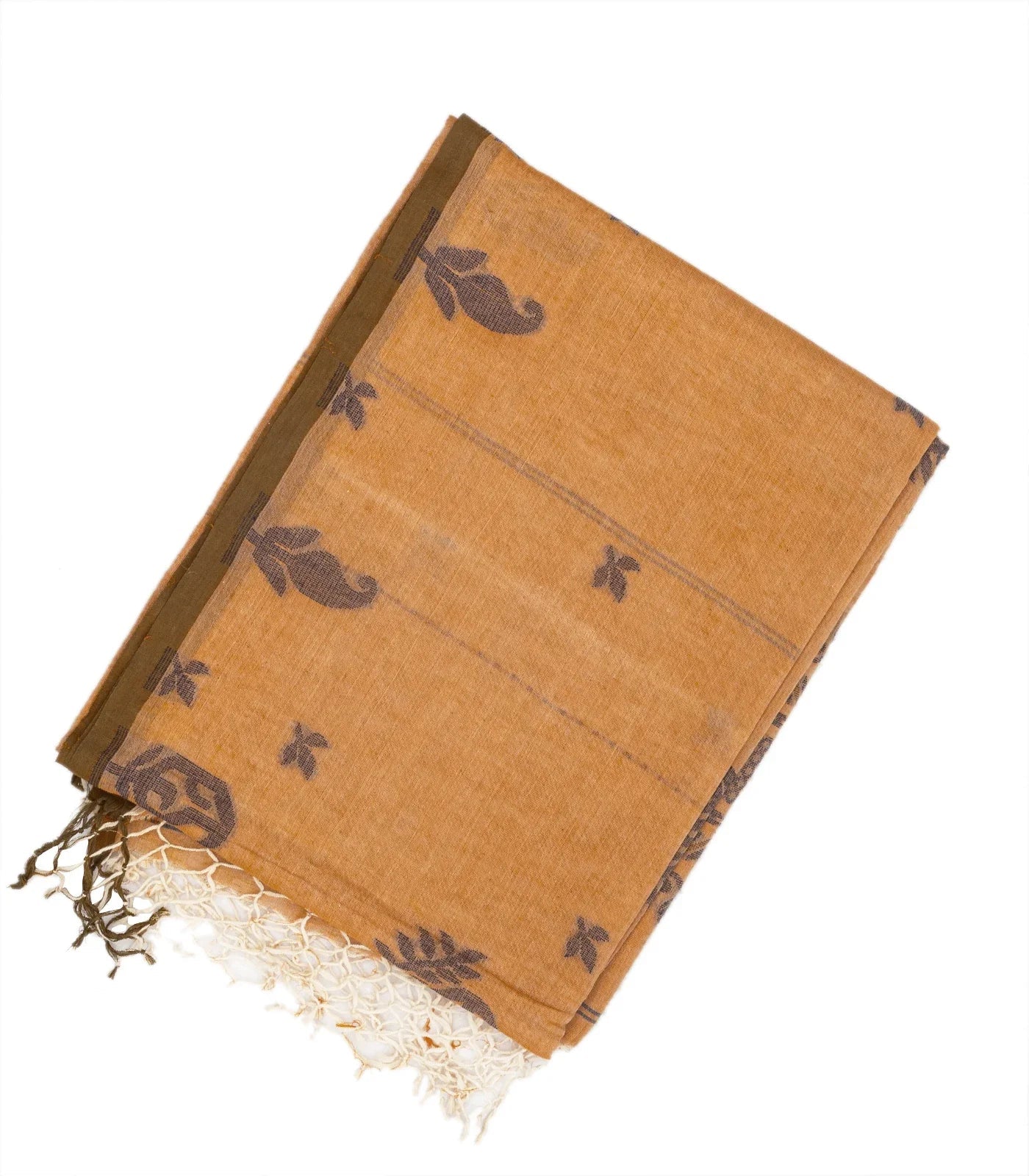 Sandal Woven Bengal Cotton Saree With Floral Motifs