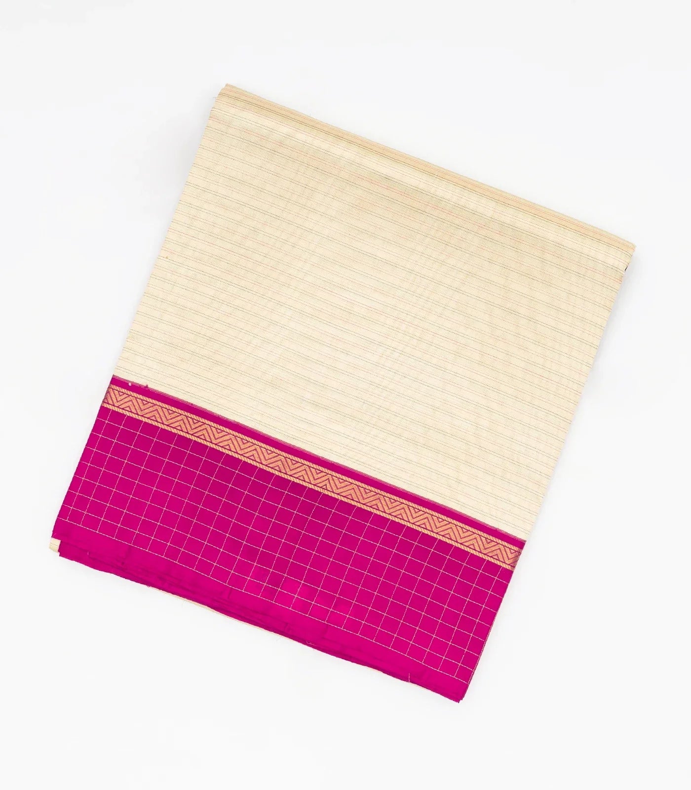 Cream Handloom Soft Silk Saree With Stripes & Contrast Ganga Jamuna Border