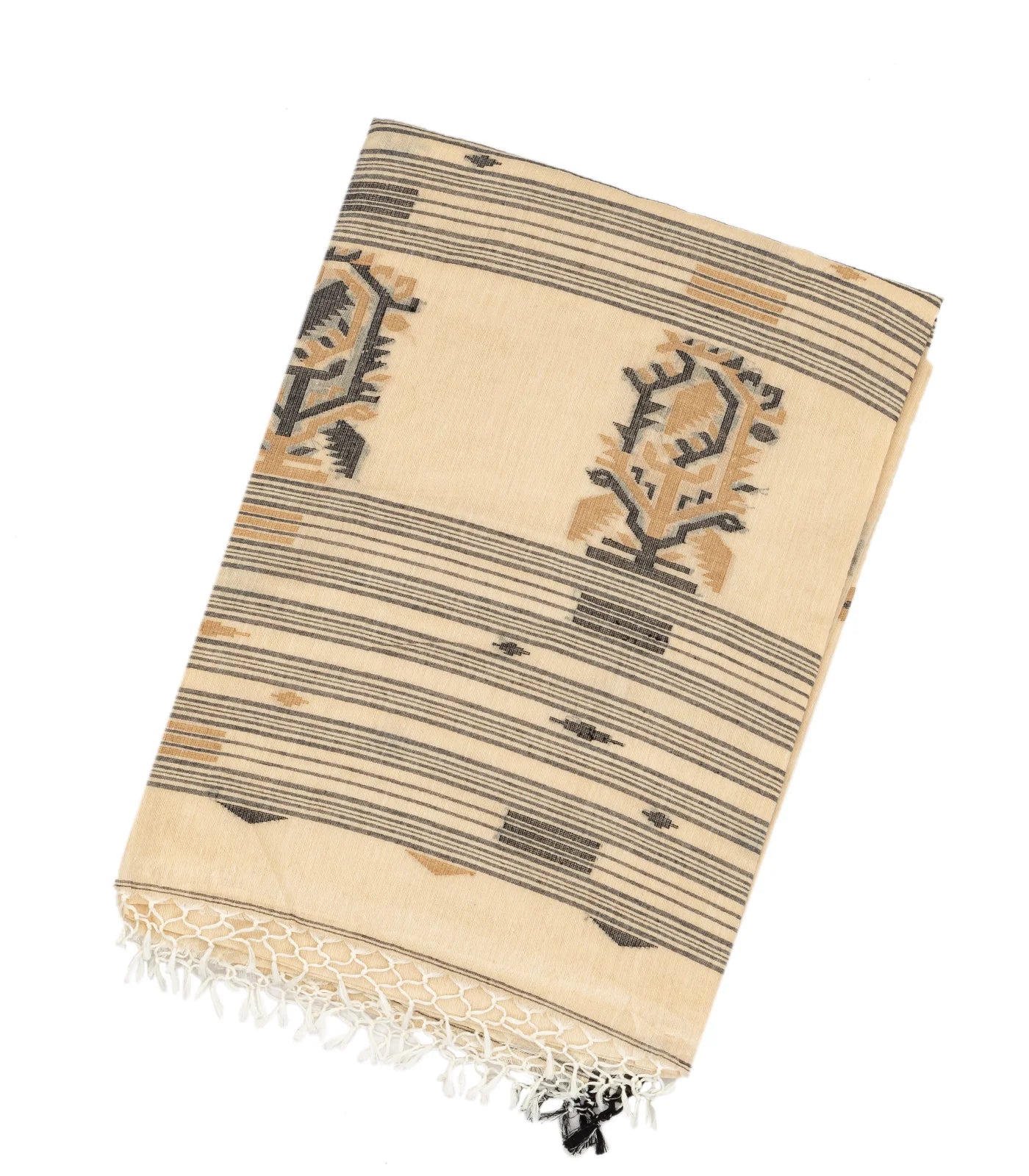 Cream Handloom Bengal Cotton Saree With Diamond Buttas