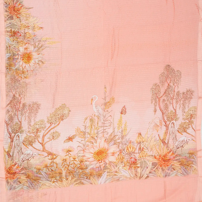 Light Peach Handwoven Banarasi Georgette Silk Saree Printed With Bird Motifs