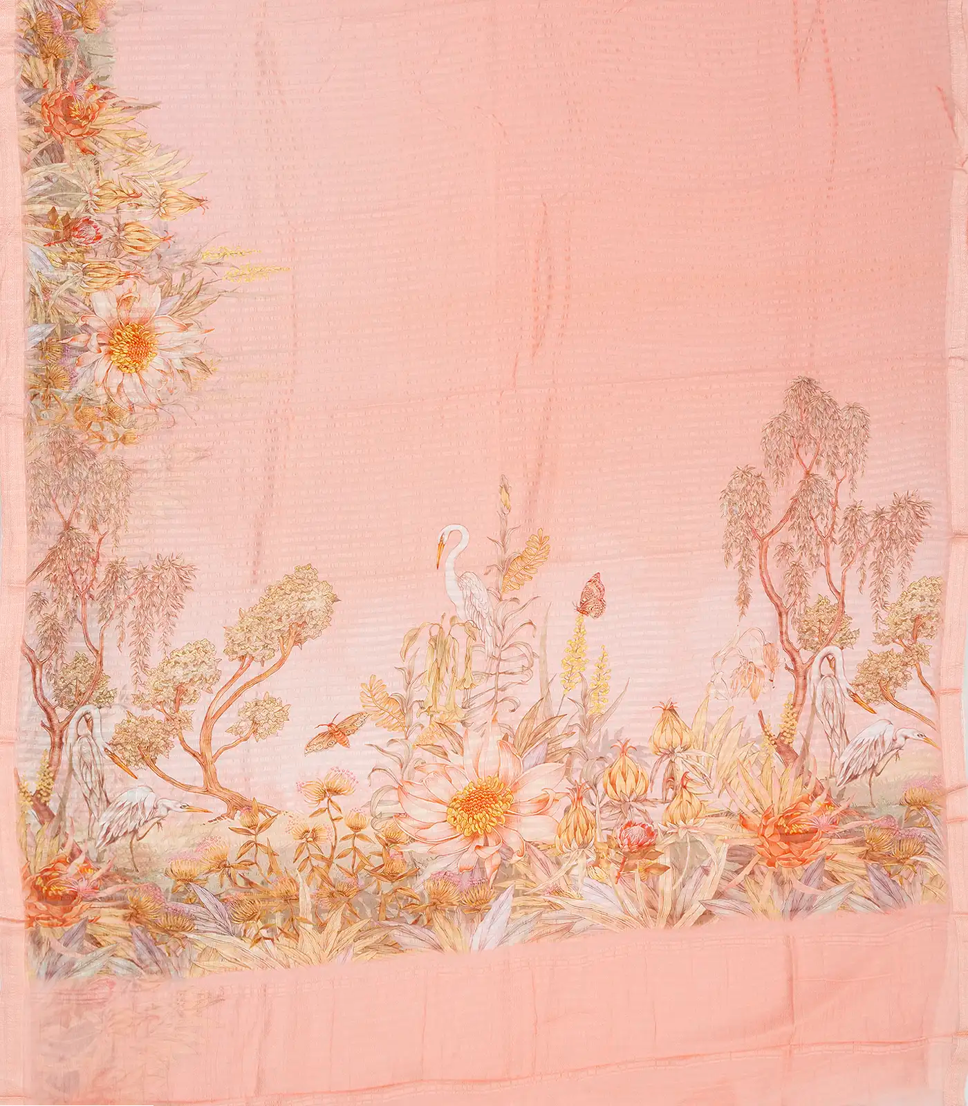 Light Peach Handwoven Banarasi Georgette Silk Saree Printed With Bird Motifs