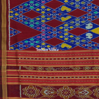 Red Blue Odisha Ikat Designer Khandua Silk Saree