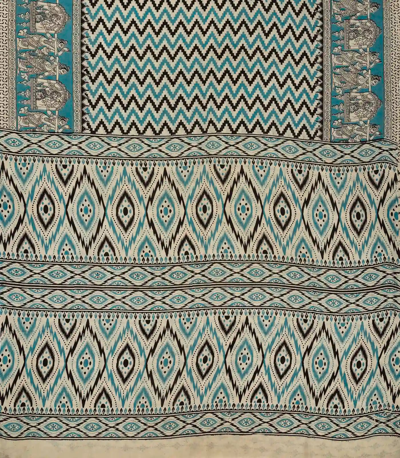 Turquoise Handloom Kalamkari Cotton Saree With Printed Chevron Motifs