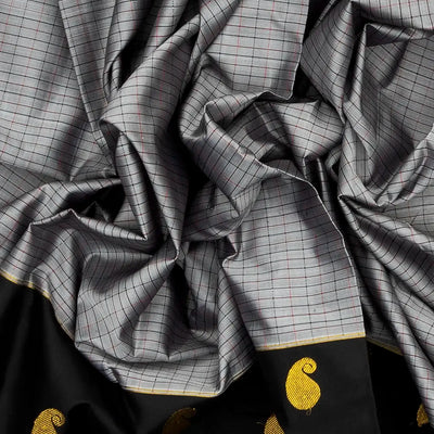 Grey Handloom Kanchipuram Silk Saree With Checks & Buttas