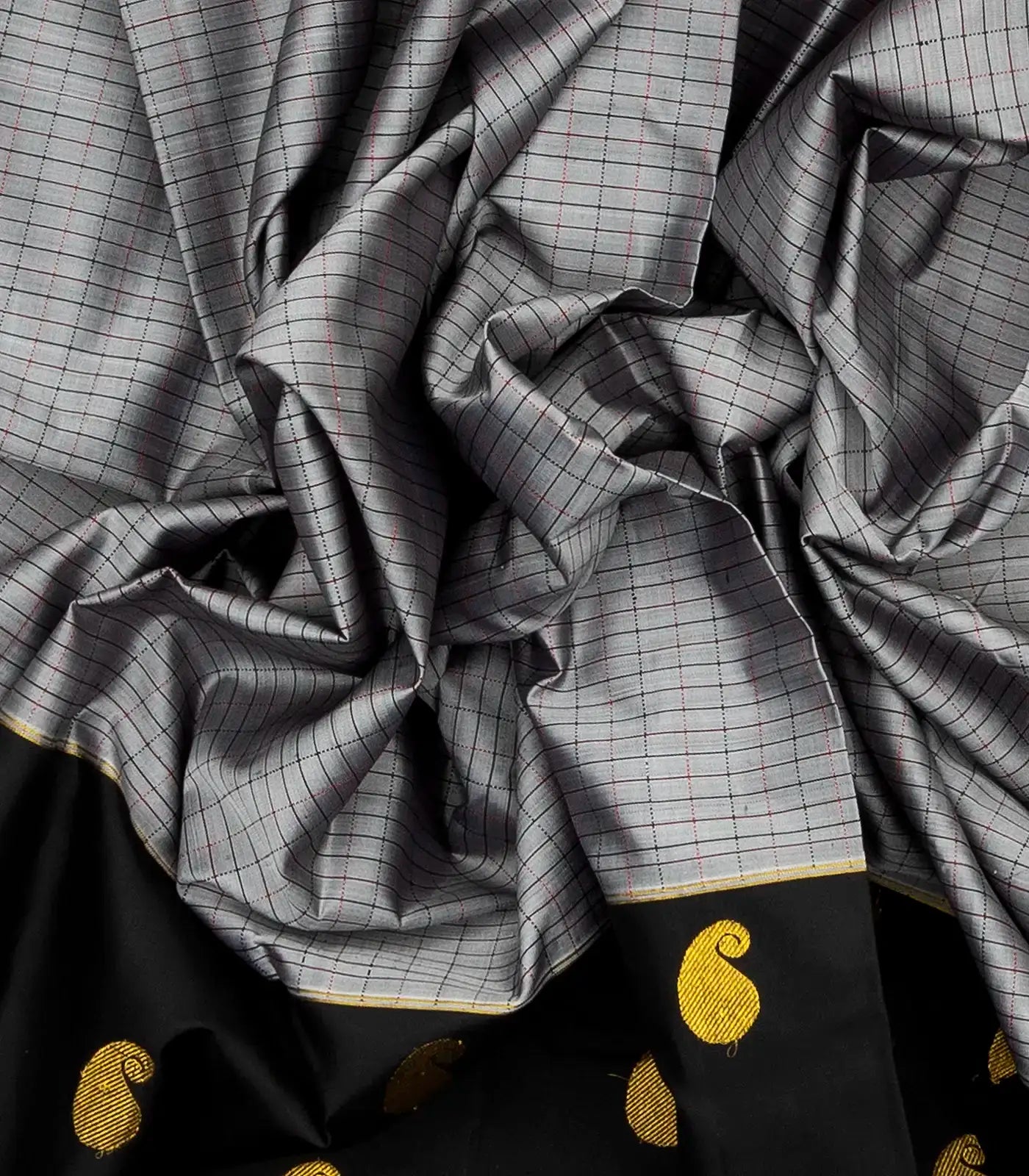 Grey Handloom Kanchipuram Silk Saree With Checks & Buttas