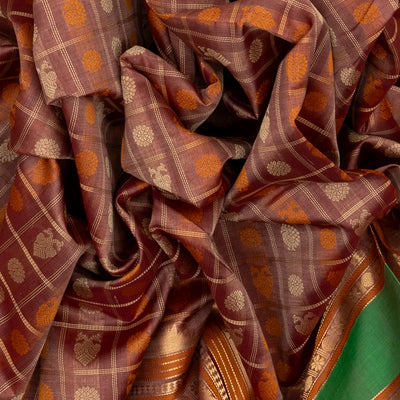 Dusty Pink Handloom Silk Cotton Saree With Checks & Contrast Border