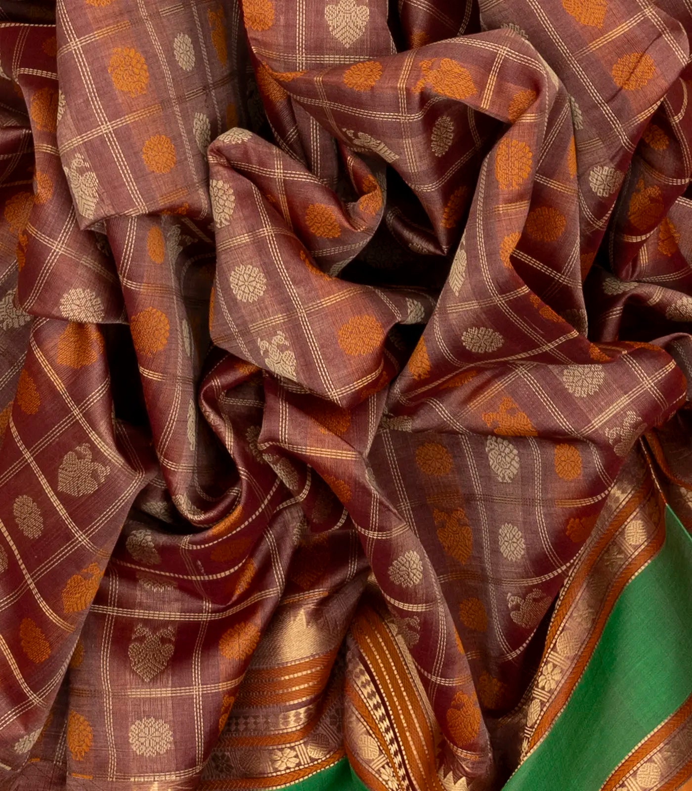 Dusty Pink Handloom Silk Cotton Saree With Checks & Contrast Border