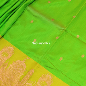 Green Banarasi Katan Silk Saree Inspired by Big Ben, London & United States Capitol, Washington DC