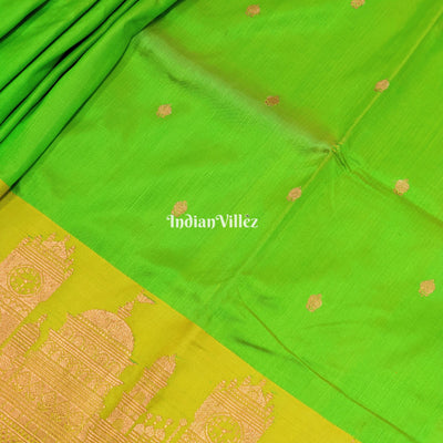 Green Banarasi Katan Silk Saree Inspired by Big Ben, London & United States Capitol, Washington DC