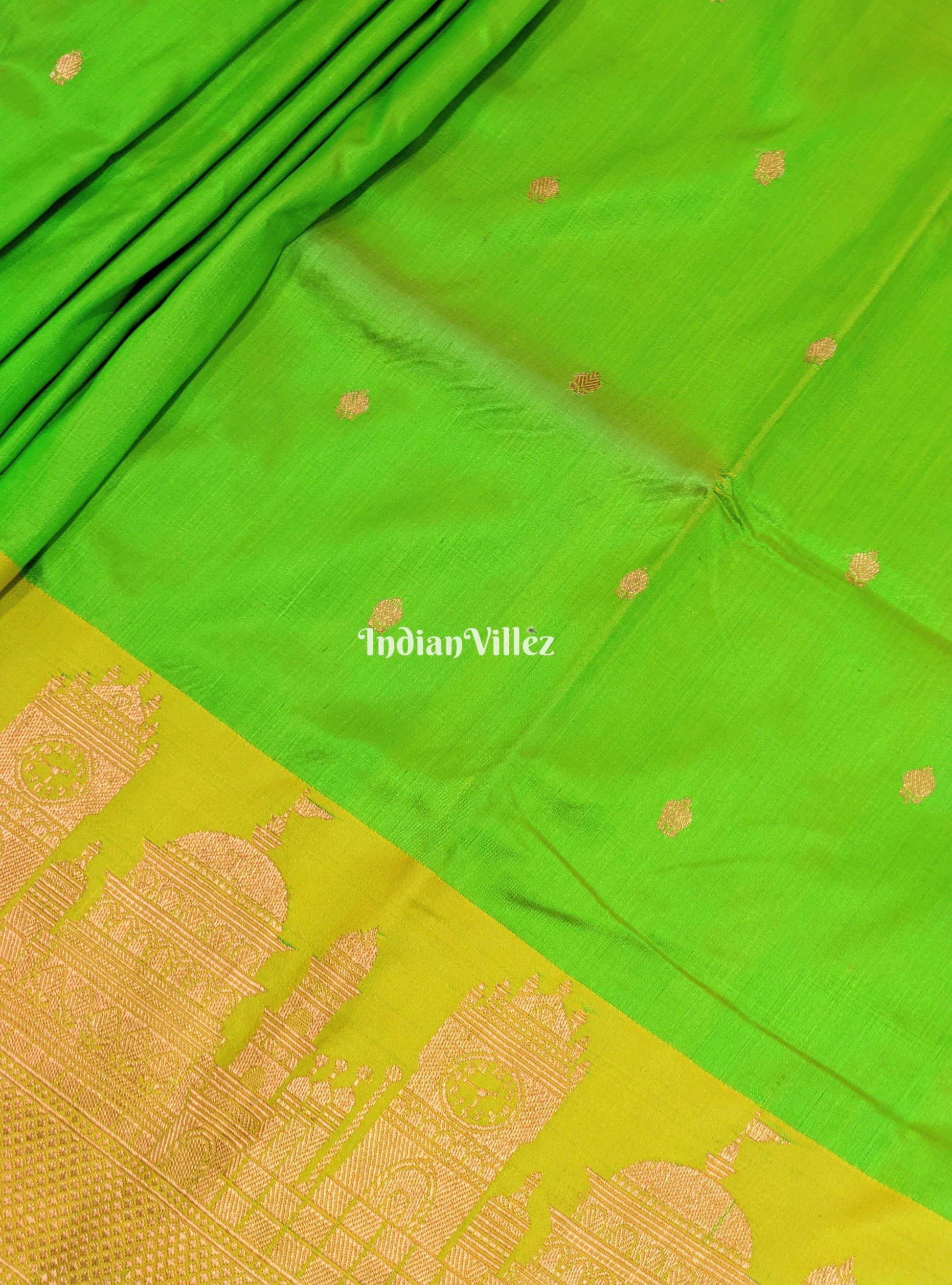Green Banarasi Katan Silk Saree Inspired by Big Ben, London & United States Capitol, Washington DC