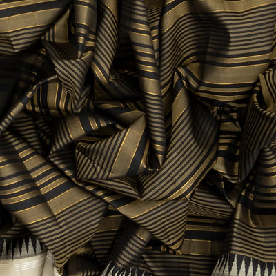 Black Handloom Kanchipuram Korvai Silk Saree With Stripes