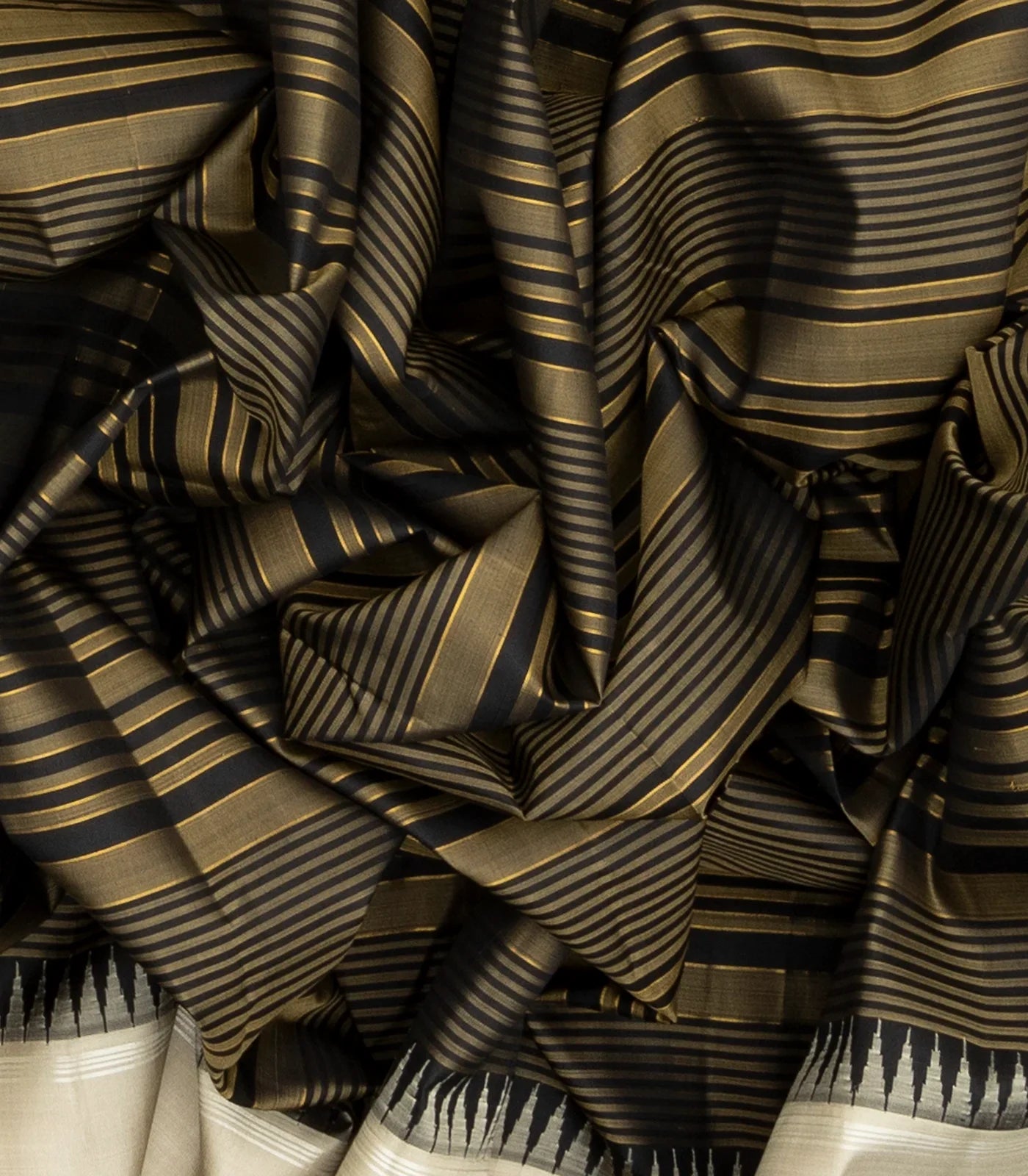 Black Handloom Kanchipuram Korvai Silk Saree With Stripes