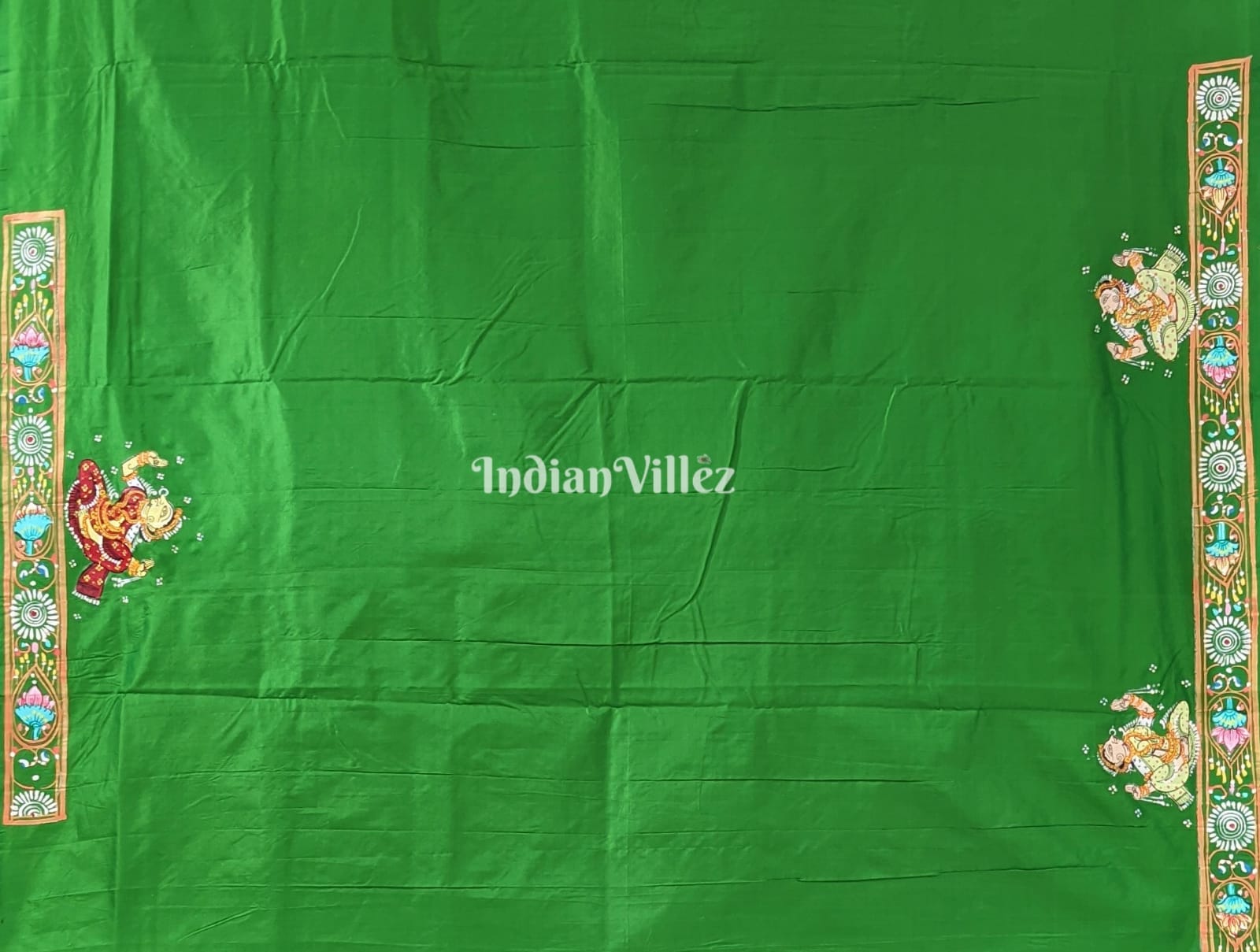 Green Radha Krishna Dashavatara Pattachitra Saree