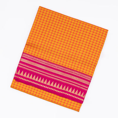 Orange Handloom Soft Silk Saree With Checks & Contrast Pink Border