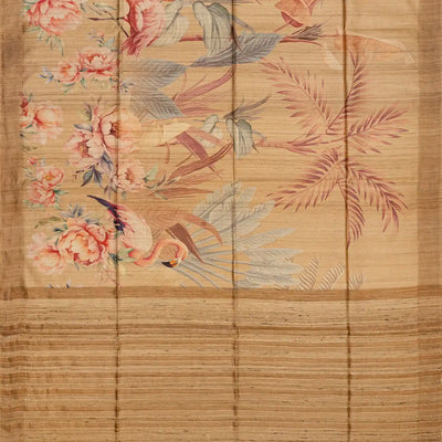 Beige Handloom Tussar Silk Saree With Printed Crane Motifs-Beige