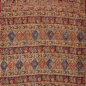 Crimson Woven Kalamkari Cotton Saree With Printed Floral Motifs