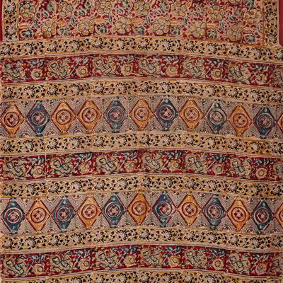 Crimson Woven Kalamkari Cotton Saree With Printed Floral Motifs