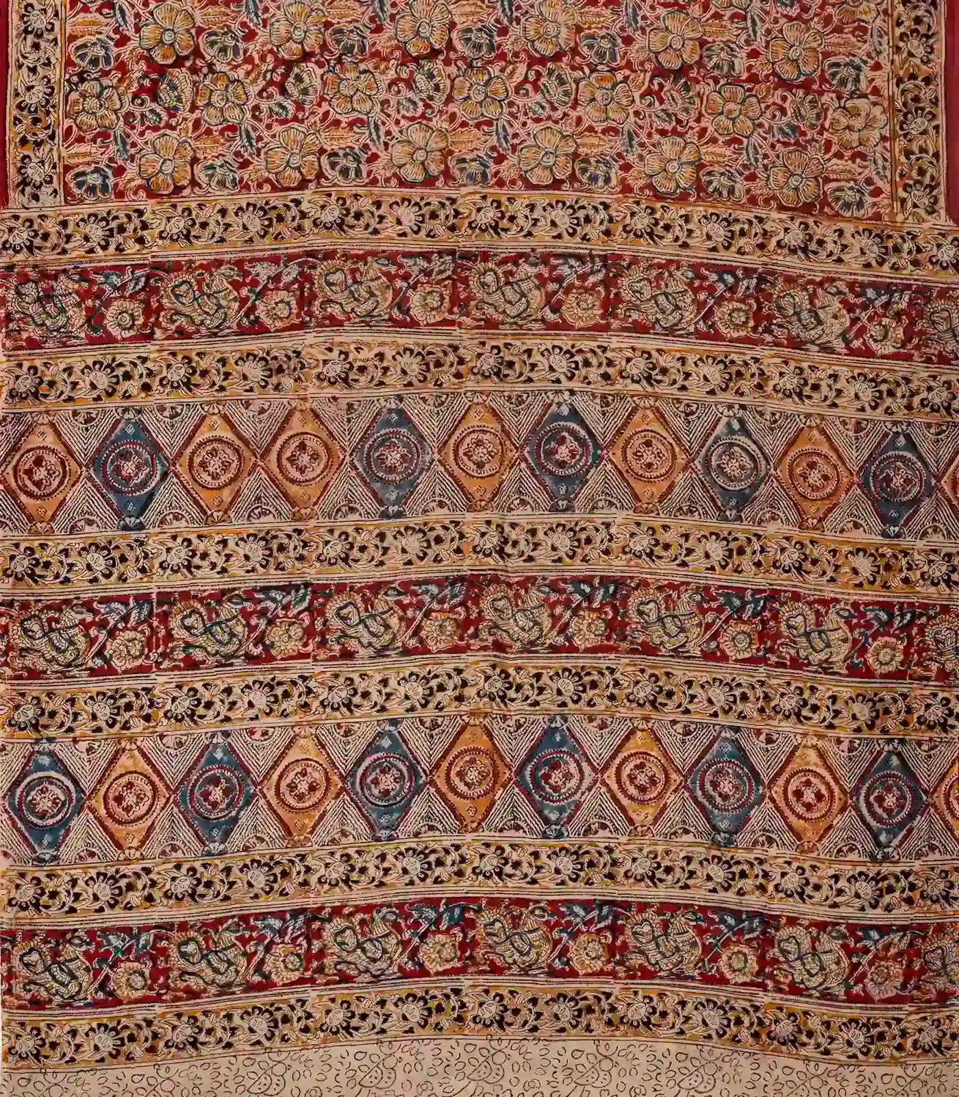 Crimson Woven Kalamkari Cotton Saree With Printed Floral Motifs