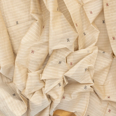 White Handloom Village Cotton Saree With Cross buttas in Red and Black