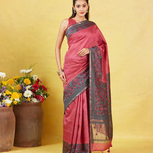 Dark Peach Tussar Silk Saree With Printed Floral Motifs