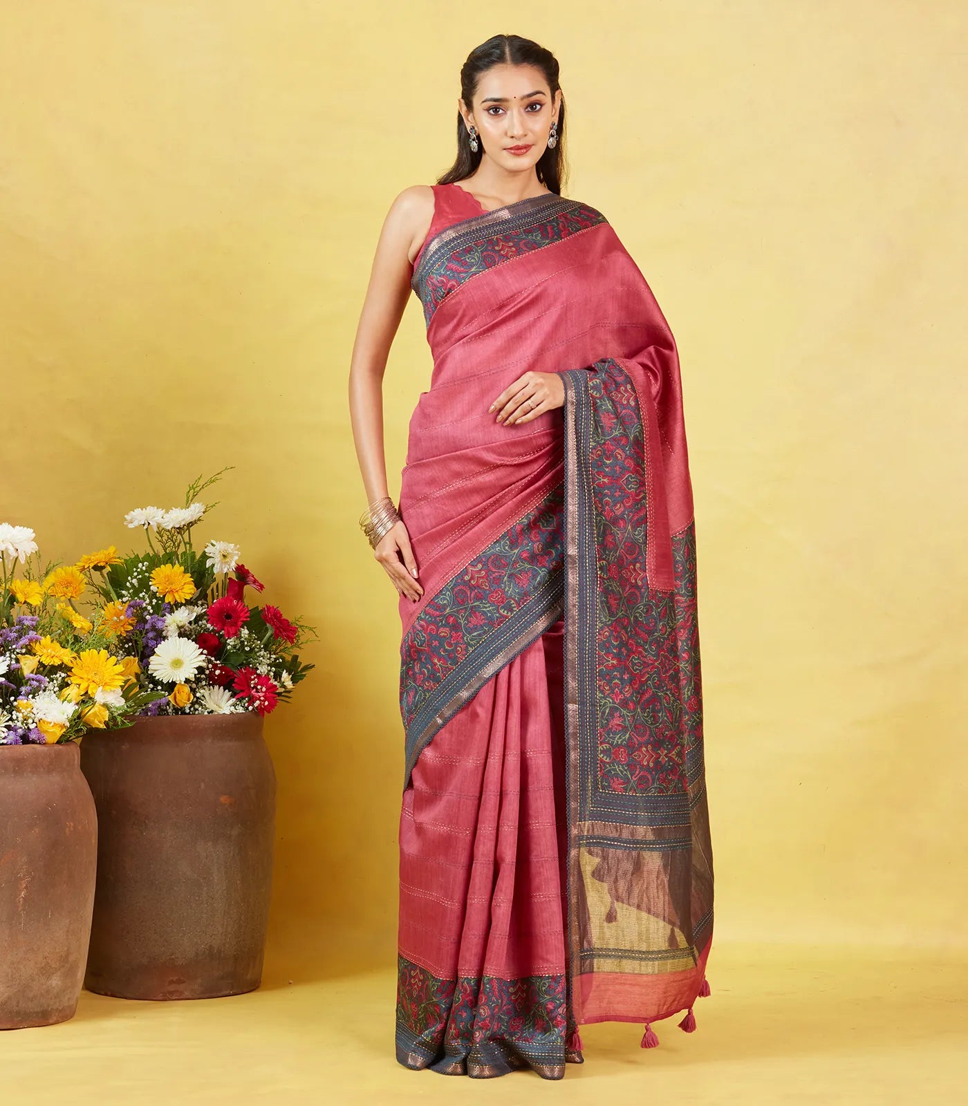 Dark Peach Tussar Silk Saree With Printed Floral Motifs