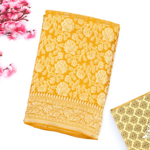 Mustard Handwoven Banarasi Georgette Silk Saree With Floral Motifs