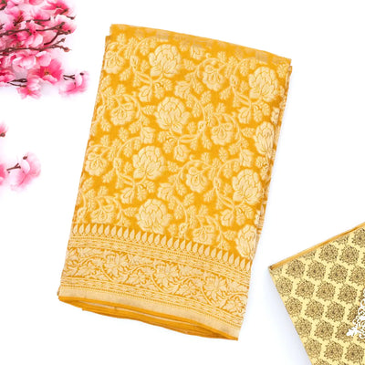 Mustard Handwoven Banarasi Georgette Silk Saree With Floral Motifs