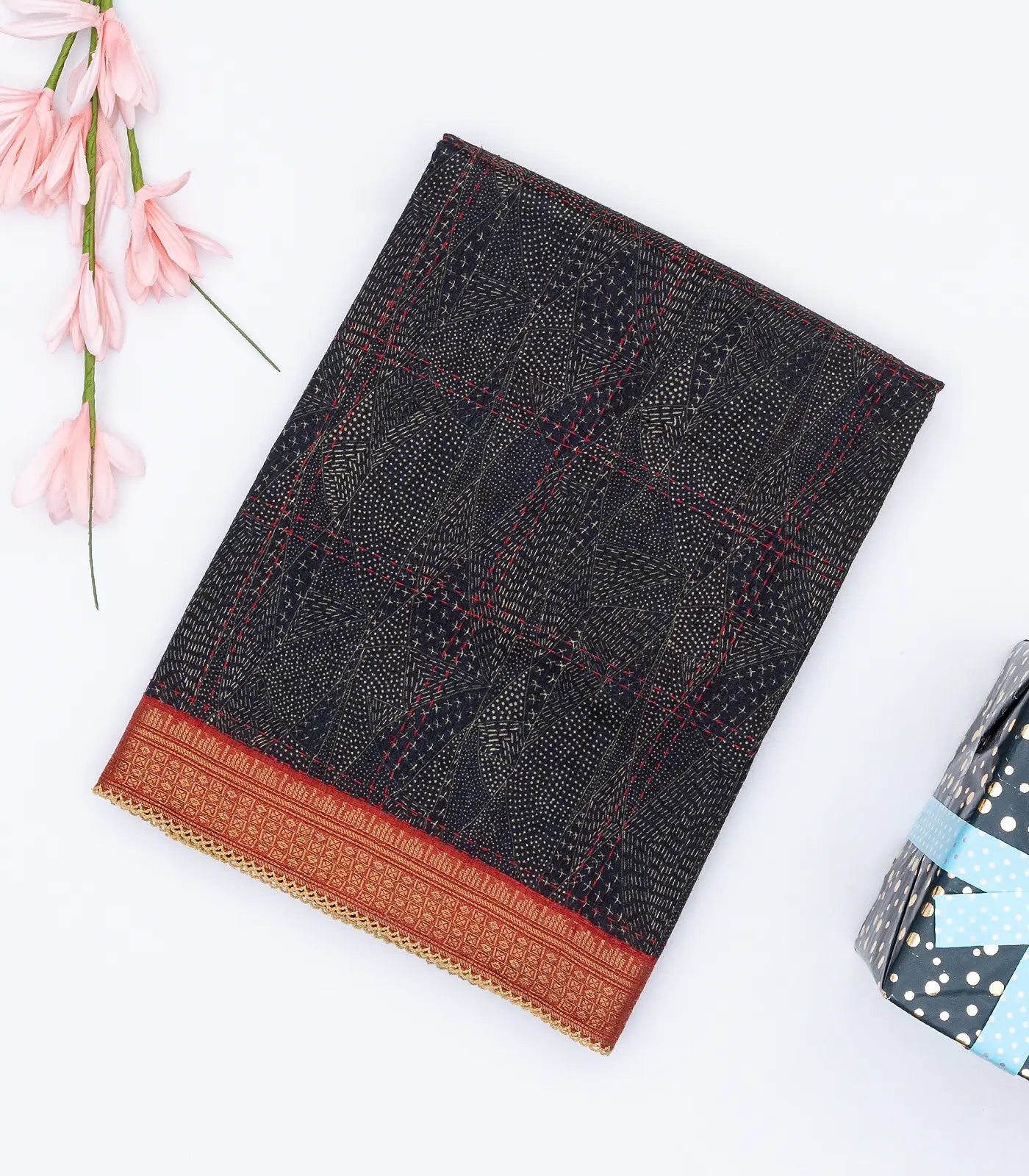 Black Handloom Tussar Silk Saree Printed With Geometric Motifs