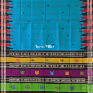 Sea Blue Double Pallu Berhampuri Silk Saree with Flower Motif