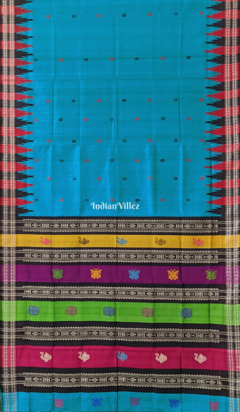 Sea Blue Double Pallu Berhampuri Silk Saree with Flower Motif