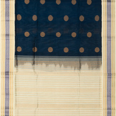 Midnight Blue Handloom Silk Cotton Saree With White Border