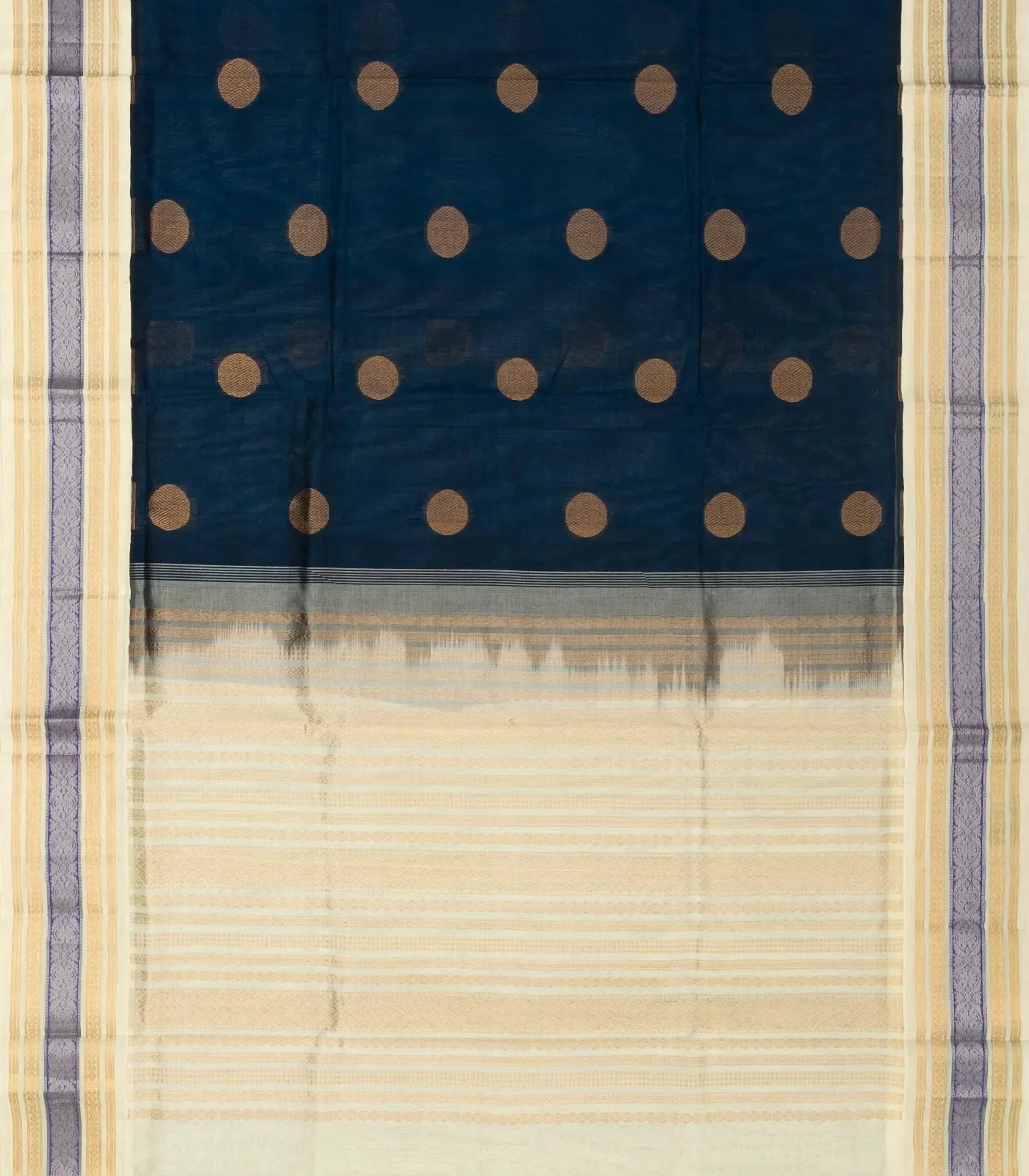 Midnight Blue Handloom Silk Cotton Saree With White Border