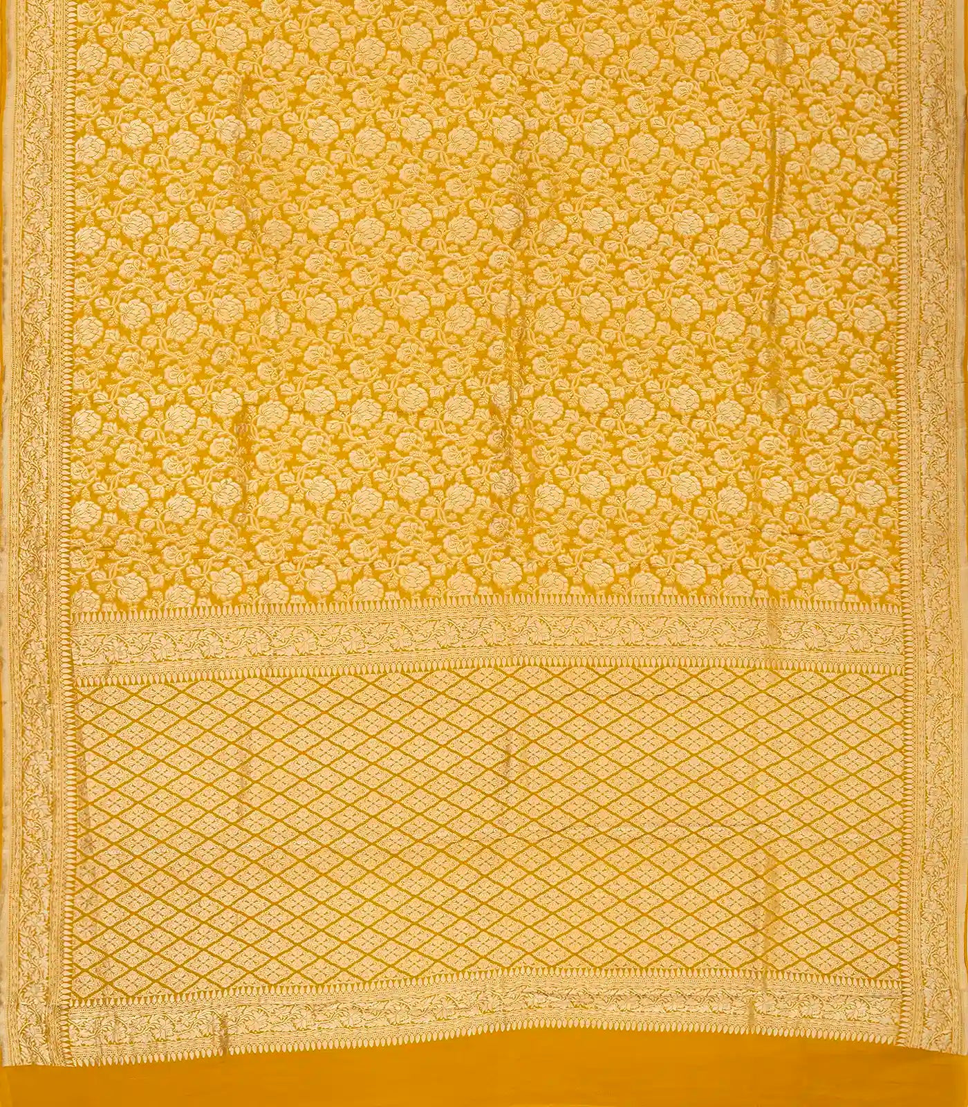 Mustard Handwoven Banarasi Georgette Silk Saree With Floral Motifs