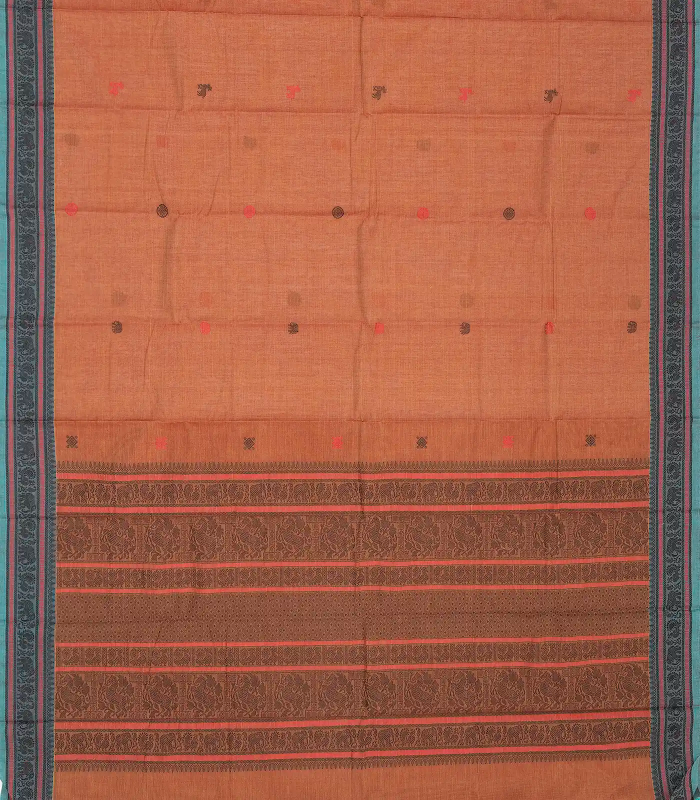 Peach Handloom Kanchi Cotton Saree With Annam & Mango Buttas