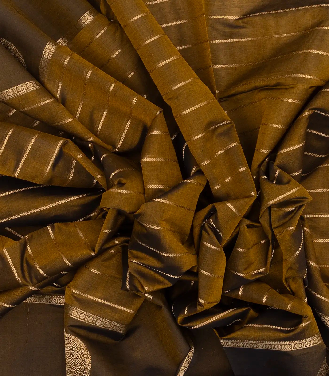 Dark Olive Handloom Silk Cotton Saree With Veldari stripes