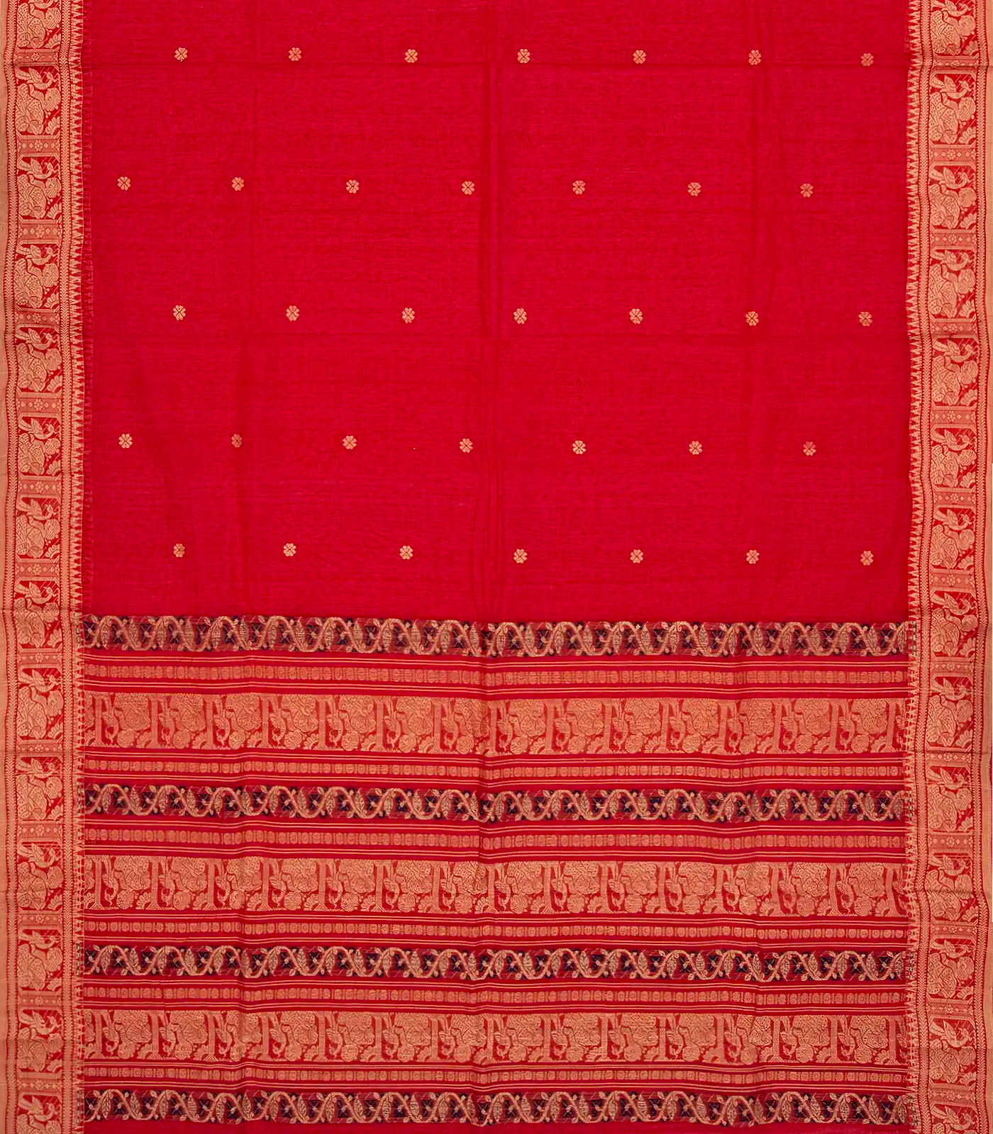Red Bengal Cotton Saree With Kamalam Motifs