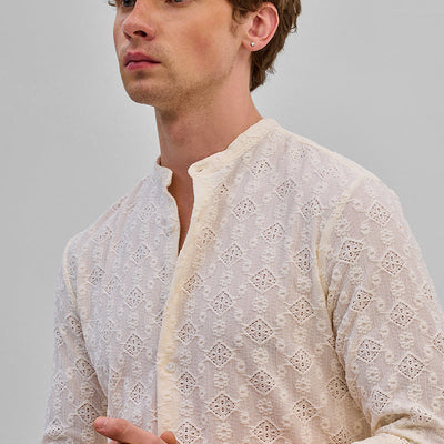 Cream Mandarin Self-Design Shirt