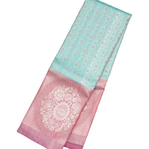 Turquoise Handloom Kanchipuram Silk Saree With Floral Jaal Motifs